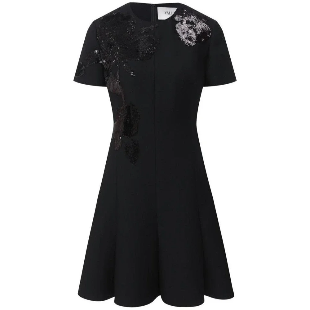 Valentino Black Embellished‎ Short Crepe Couture Dress Size 14